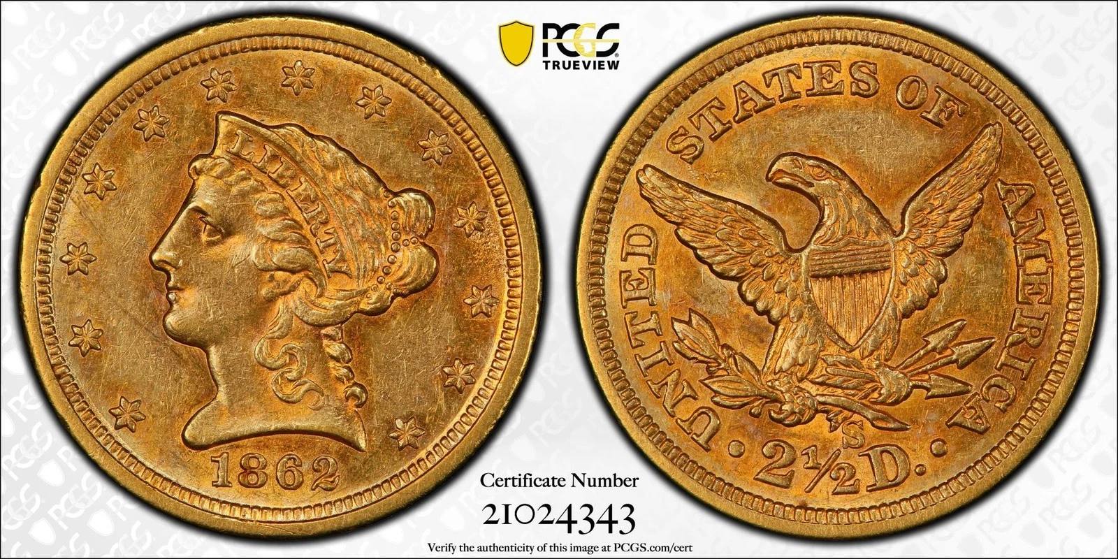 1862-S $2.50 Liberty Head Quarter Eagle PCGS AU58