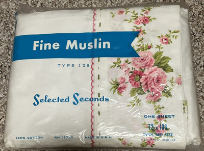 Vintage Selected Seconds Fine Muslin 72x108 Twin Bed Flat Sheet Pink Flowers NEW
