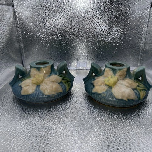 Vintage Pair of Roseville Art Pottery Blue Clematis Candleholders # 1158 4 Inch