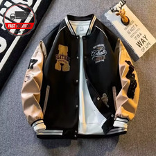 NEW American Embroidered Leather Sleeve Baseball Jacket Men's Long Sleeve Coat