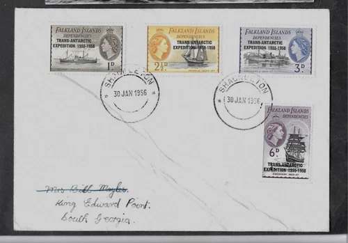 FALKLAND ISLANDS DEPENDENCIES FDC 1956 TRANSANTARCTIC EXHIB SET 'SHACKLETON' DS