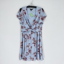 Express Gathered V-Neck Short Dress flutter sleeve blue burgundy medium