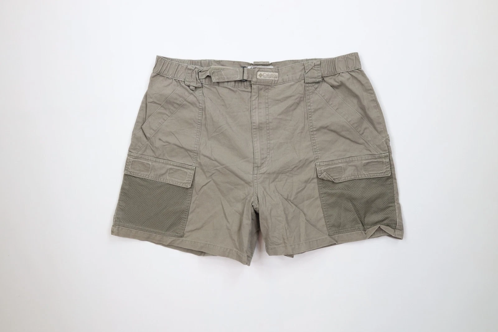 Vintage Columbia PFG Mens XL Faded Spell Out Fishing Mesh Cargo Shorts Green