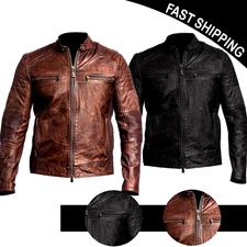 Men's Motorcycle Biker Leather Jacket Distressed Genuine Sheep Skin Black, Brown