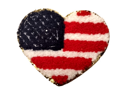 Heart Patch Iron On Chenille Embroidered Gold  Sparkle Trim American Flag