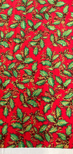 HOLLY LEAVES - GOLD METALLIC ON RED COTTON-- BY THE YARD