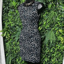 J CREW Dress Women 00 Black Pleated Sleeveless Sheath Career Green Leopard 2665