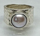 Vintage Designer LAXMI Sterling Silver Pearl Ring Hammered Wide Band Size 6