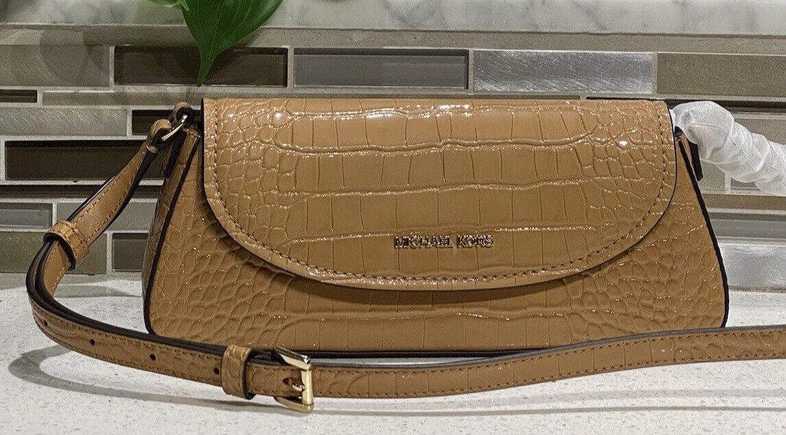 MICHAEL KORS KATYA MEDIUM FLAP CROSSBODY BAG DEER BROWN MK CROC PATENT LEATHER