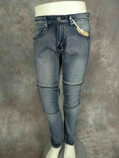 Mens Skinny Stretch Jeans Moto Biker Denim Blue Wash Distressed Zipper 78