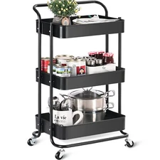 TOOLF 3 Tier Metal Rolling Cart Utility Cart with Handle Lockable Wheels
