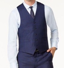 Michael Kors Men Blue Fit Plaid Wool Dress Suit Vest Waistcoat 42S
