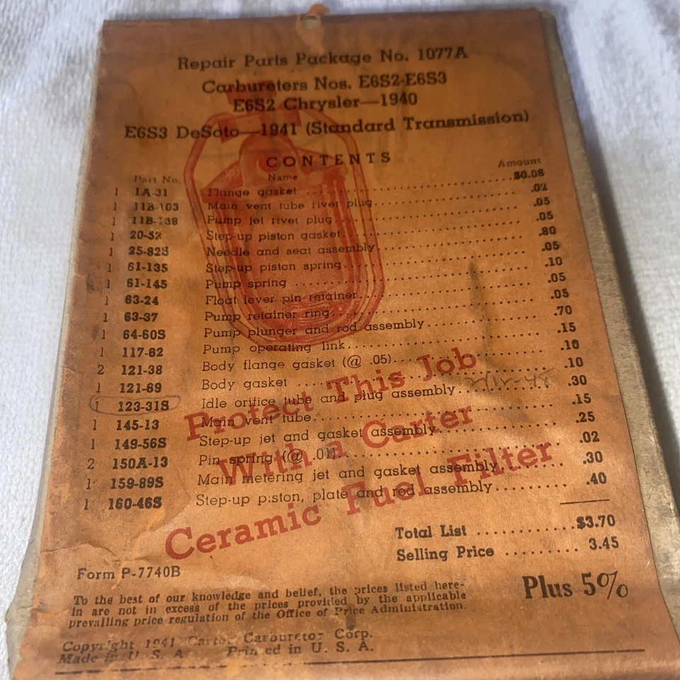 1940 -1941 Chrysler Carburetor Rebuild Kit Genuine N O S  - Image 2 of 4