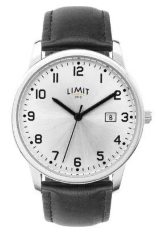 Limit Men's Black Leather Strap Silver Dial Day/Date Watch 5755