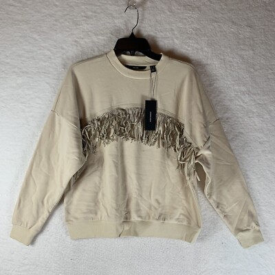 Vero Moda Sweater Kaidyn Rhinestone Fringe Beige Sweatshirt Size XS NEW NWT 5836