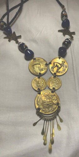 Vintage Peruvian Coin And Bead Necklace Braided Le