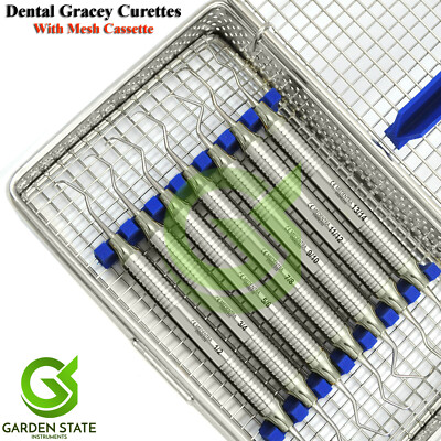 Set Of 7  Dental Gracey Curettes With Mesh Cassette Perio Scaling Root Planning
