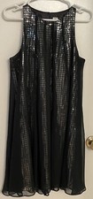 Sangria Sz 6 Shiny Silver Squares Chiffon Overlay Lined Swing Dress Sleeveless
