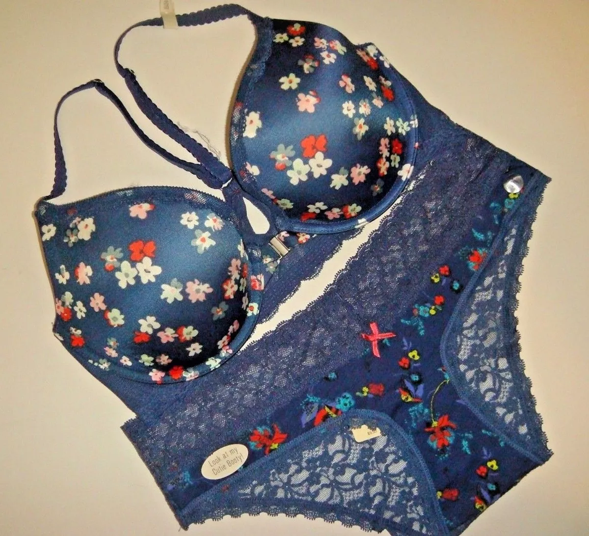 NWT aerie racerback 36C BRA SET M panty NAVY blue white red floral