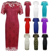 Plus Size Ladies Short Sleeve Floral Lace Lined Bodycon Midi Evening Party Dress