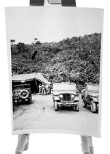 WW2 Era Photo U.S. GIs Standing By Open Tent Military Jeeps