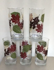 Set of 5 Libbey Crisa AUTUMN LEAVES TUMBLERS Drinking Glasses Fall Leaves
