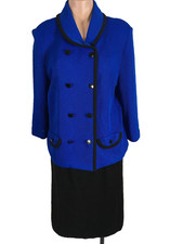 Blue Black Knit Double breated Skirt Suit CASTLEBERRY Women Vintage 2PC Size M/L