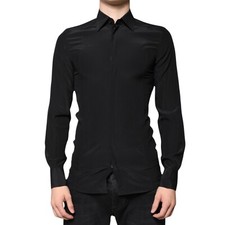 DOLCE & GABBANA Shirt Black Silk Long Sleeves GOLD Dress 37/US14.5/XS 1200usd