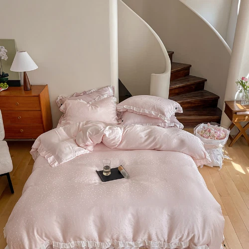 Juego de cama rosa suave sedoso princesa jacquard volantes funda nórdica juego sábanas Foto 2 de 4