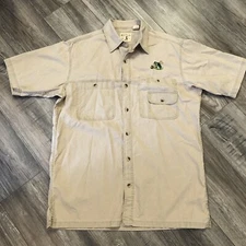 Red Head Shirt Mens Sz M Beige Short Sleeve Button Outdoor Workwear Pockets Bass