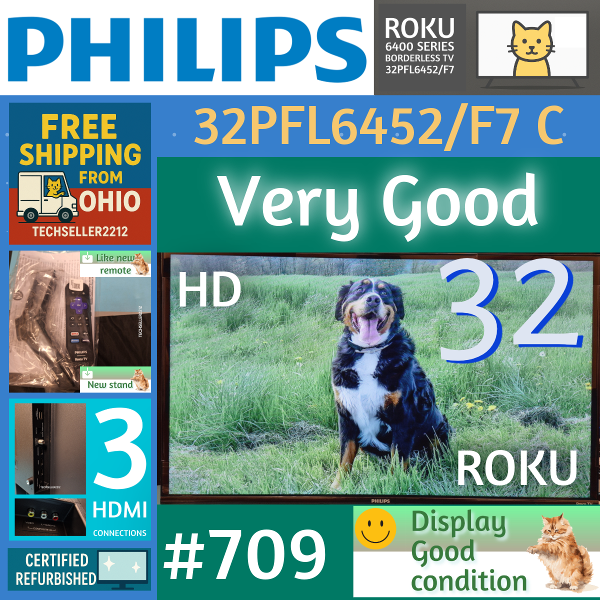 Philips 32-inch HD 720P Smart Roku LED TV with Borderless Design - Model 32PFL6452/F7C Includes Remote & Stand