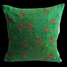 Handmade Embroidered Kantha Stitch Throw Pillow Cover Cotton Silk AB-PC08