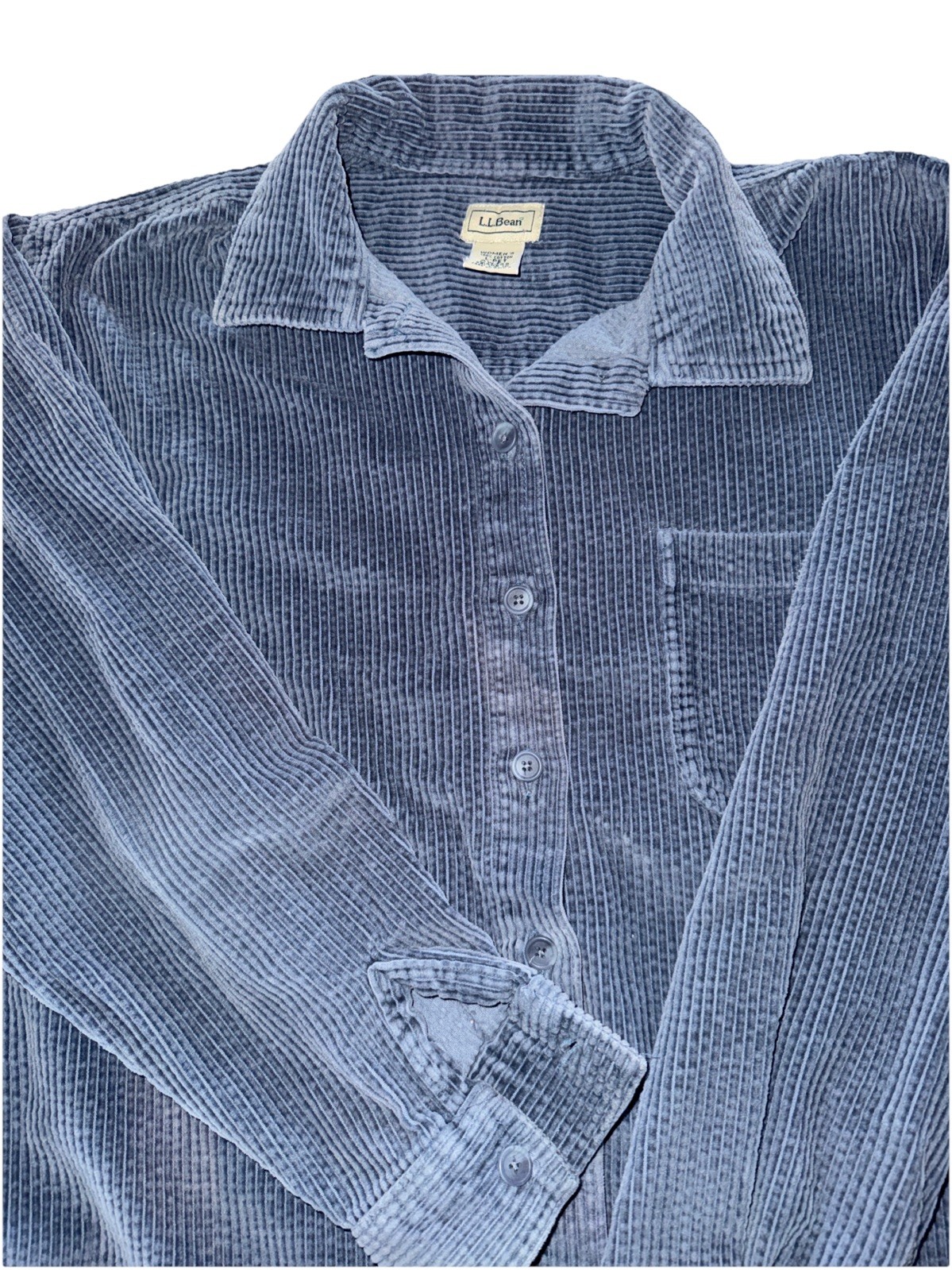 LL Bean Wide Wale Corduroy Button Up Shirt Women’s Size Lg Petite Blue Cotton