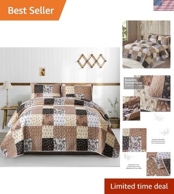 Soft Khaki Floral Quilted Bedspread Set - All Season Comfort, 96x106