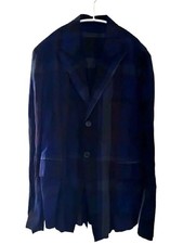 Yohji Yamamoto Plaid Jacket Blue  Black Linen-Cotton Long Tailored Used