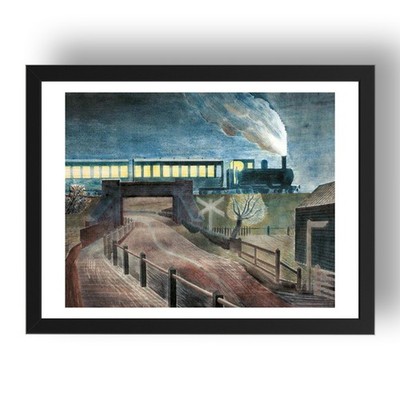 Zug fährt nachts über eine Brücke von Eric Ravilious 1935