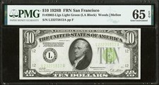 $ 10 1928B FRN San Francisco “Light Green Seal” PMG 65 EPQ Gem Uncirculated 
