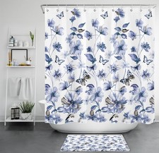 Butterfly Watercolor Blue Wildflower Shower Curtain Bathroom Accessories Set