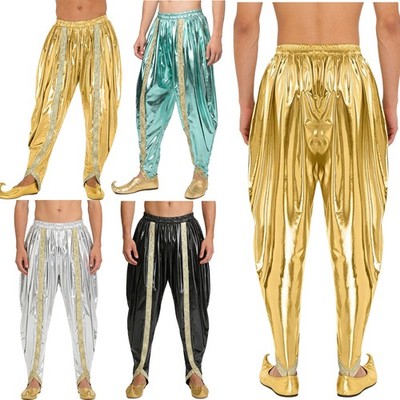 US YiZYiF Men's Indian Dhoti Pants Gold Brocade Trim Shiny Arab Palazzo Party