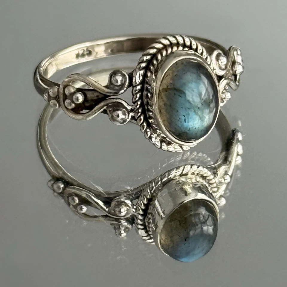 Винтажный лабрадорит драгоценный камень кольцо овальный серебро 925 группы ручной работы Sz7 изящный - Изображение 2 из 2