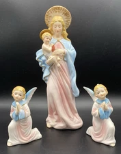 Vintage Artmark Mary Jesus & 2 Angel Bisque Porcelain Figurine Set of 3 Japan