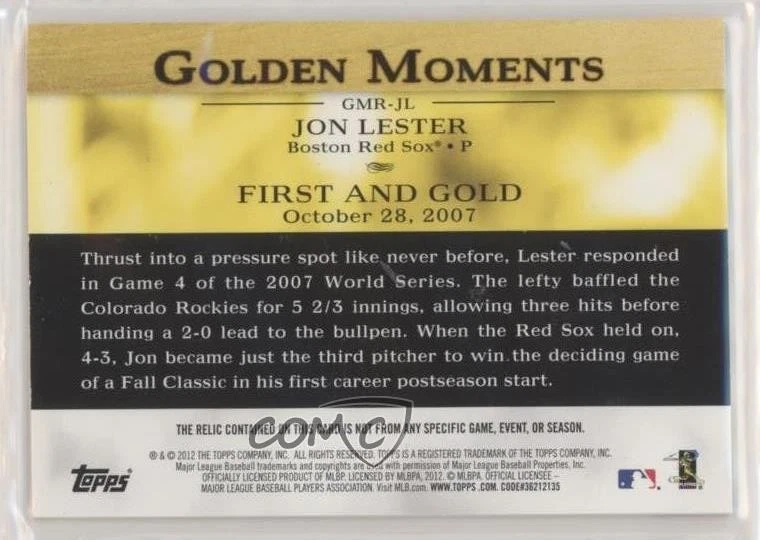 2012 Topps Golden Moments Relics Series 1 Jon Lester #GMR-JL - Image 2 of 2