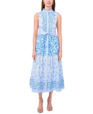 Msk Women's Printed Cotton Button-Front Sleeveless MIDI Dress - White/blue - S