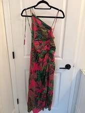 FARM RIO Tropical Leaf One Shoulder Maxi Dress Pink Green Ruched XS