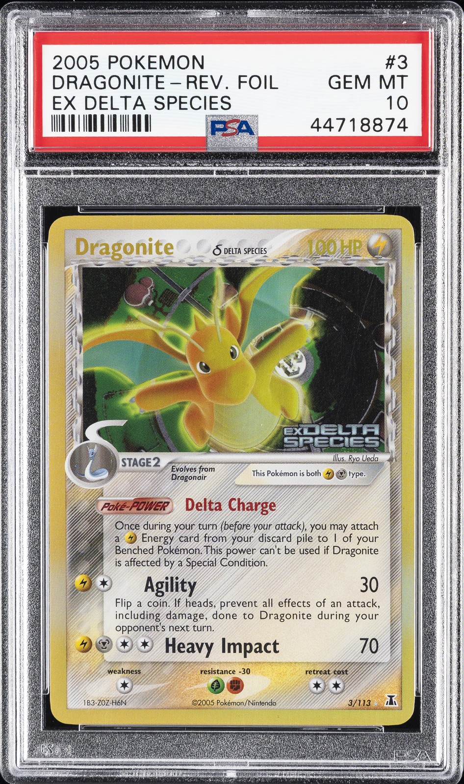 2005 POKEMON EX DELTA SPECIES #3 DRAGONITE-REVERSE FOIL PSA 10