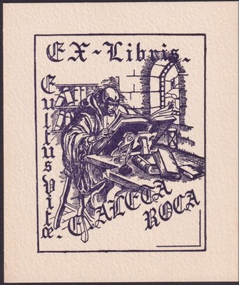 Enrique Aleta Roca Zaragoza Spain Ex Libris Bookplate Cultus Vitae monk reads