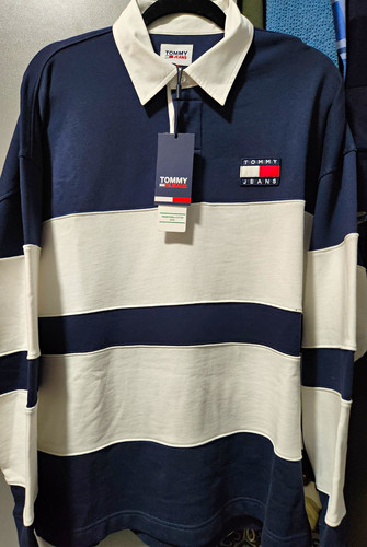 Tommy Jeans Men's Navy/White Striped Long Sleeve Collared Polo Shirt Size S