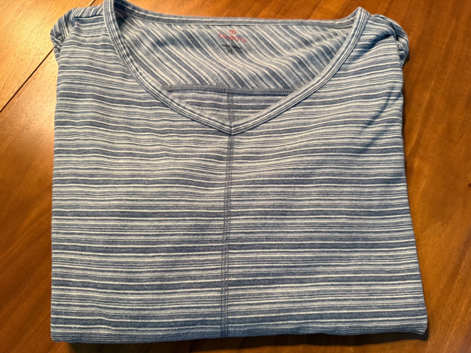 T by TALBOTS Womens XL Top T Shirt Blouse LS BLUE GRAY Striped PATTERN NICE
