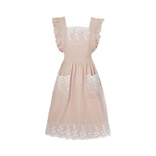 Aoomzoon Vintage Aprons for Women with Pockets Cute Lace Ruffle Beige