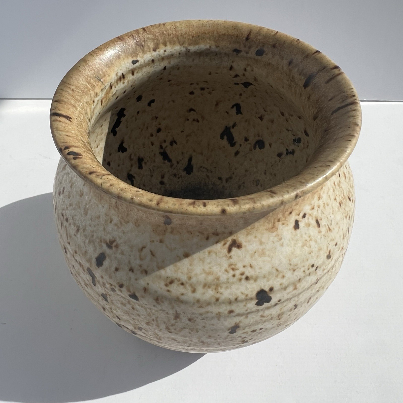 Handmade Studio Art Pottery Jar Bowl Signed Speckled Tan & Brown MCM Decor